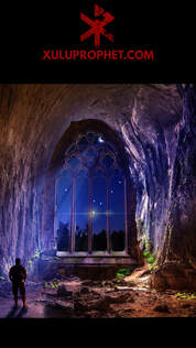 Cave with stained glass window with text reading: xuluprophet.com